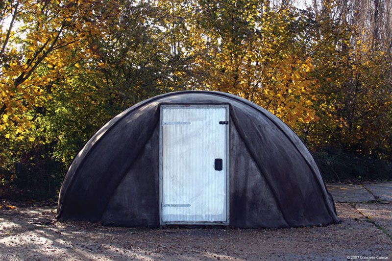 Exterior front view of the Concrete Canvas Shelter