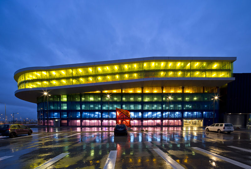 Exterior architecture of a colorful garage at Emporia shopping center in Malmo 