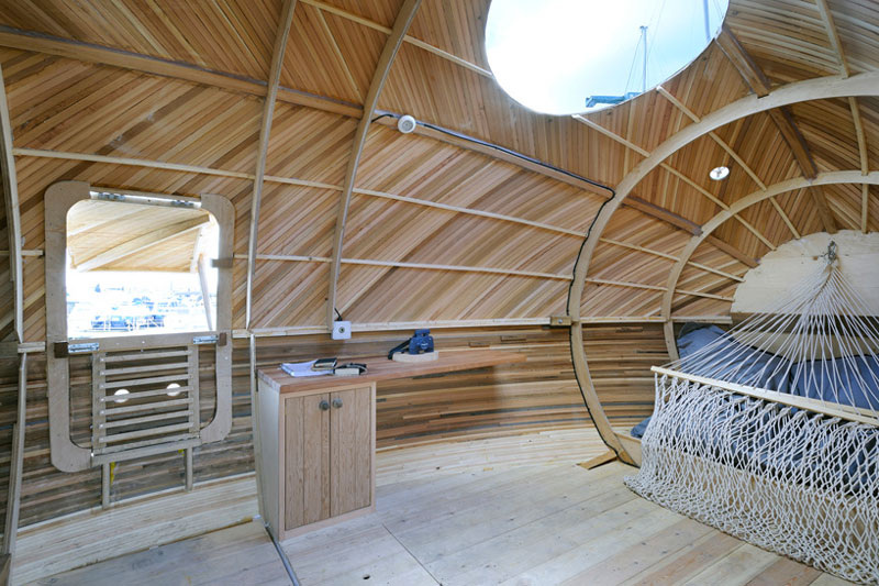 interior view of the Exburry Egg with wooden wall panel and windows