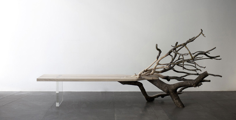Closeup view of the left side of the "Fallen Tree" bench by Benjamin Graindorge