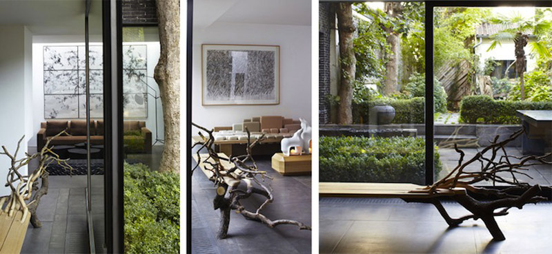 3 different views of the "Fallen Tree" bench by Benjamin Graindorge in a room