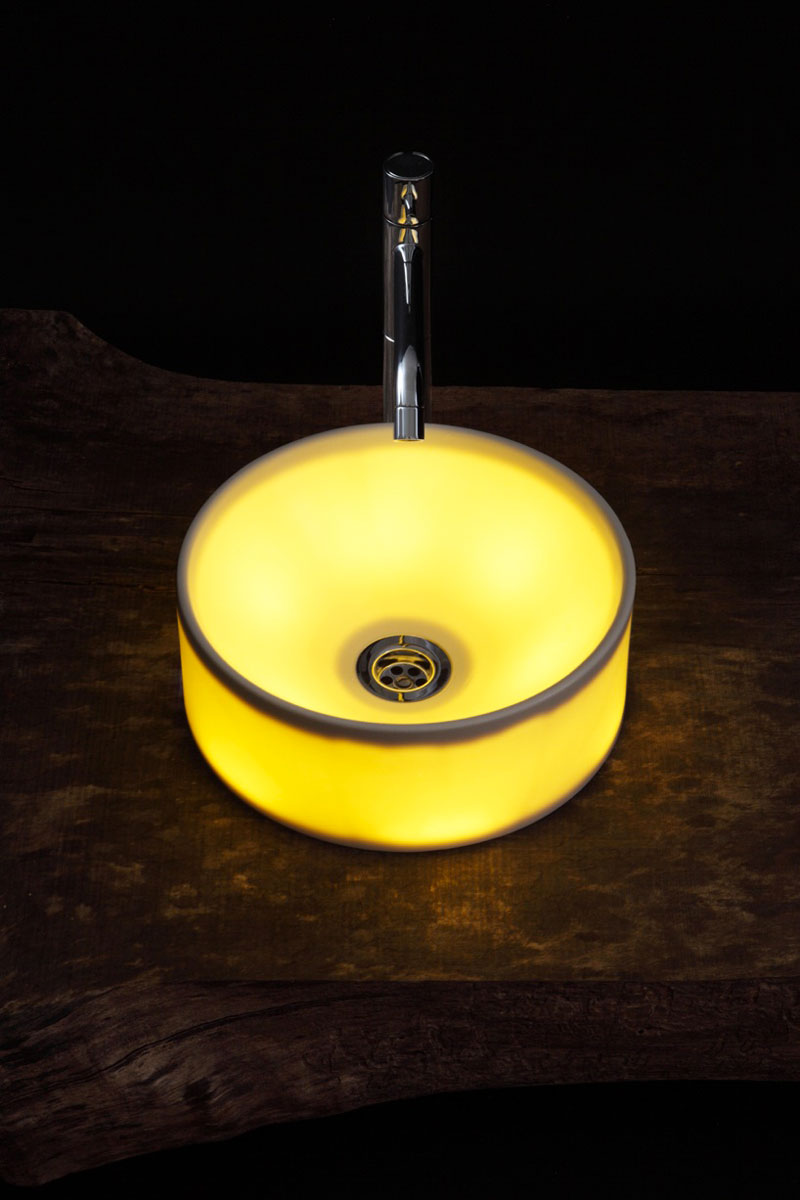 Circular LED Illuminated Ceramic Washbasin in the dark