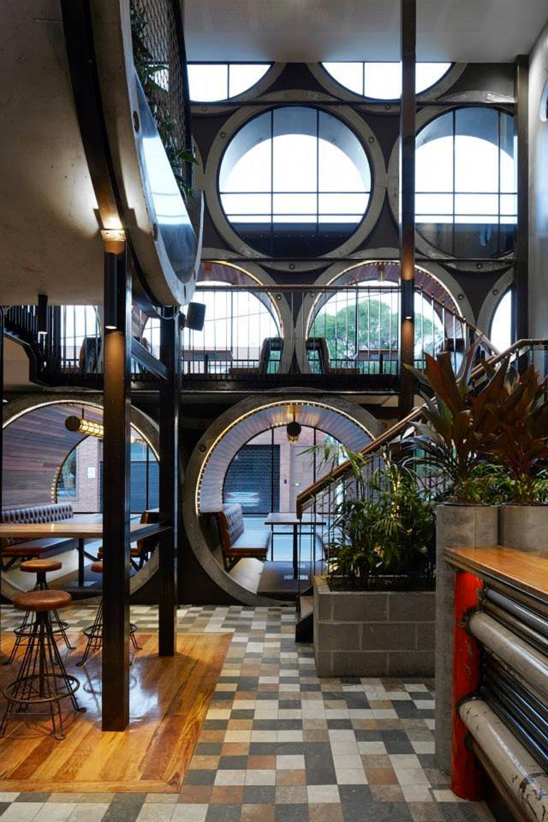 view of large pipe shaped windows at the Prahran Hotel