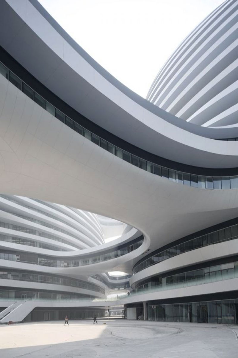 Lines and shapes of the exterior architecture at the Galaxy SOHO Complex in Beijing designed by Zaha Hadid