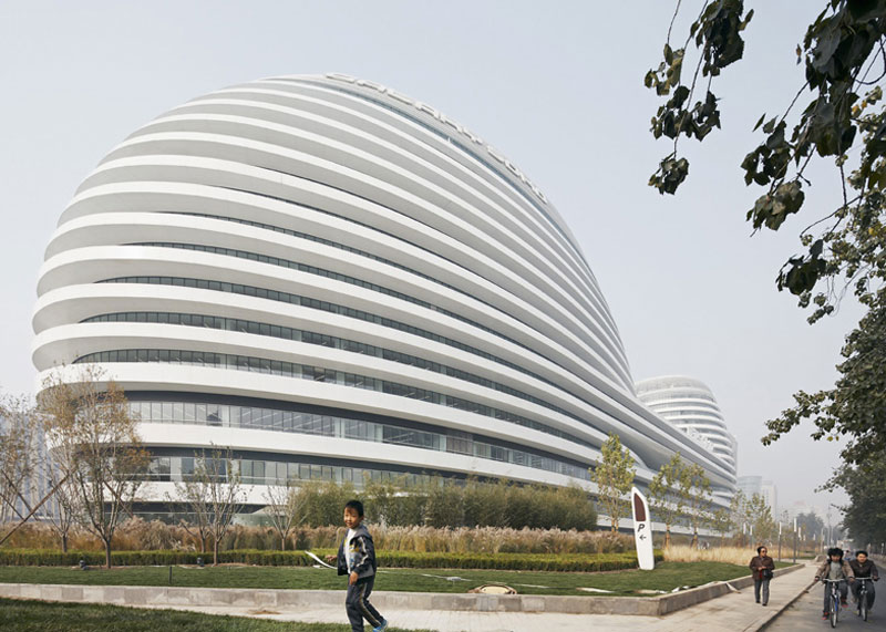 Exterior view of the architecture at the Galaxy SOHO Complex in Beijing designed by Zaha Hadid