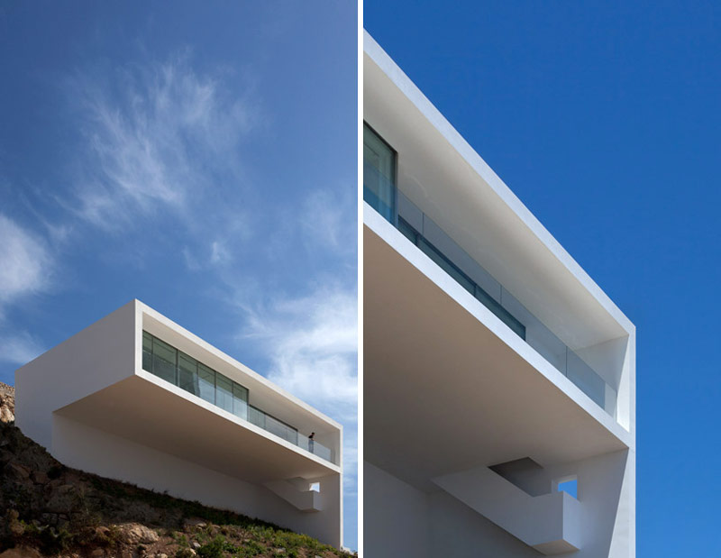 2 images of the front architecture of the House on the Cliff by Fran Silvestre Arquitectos