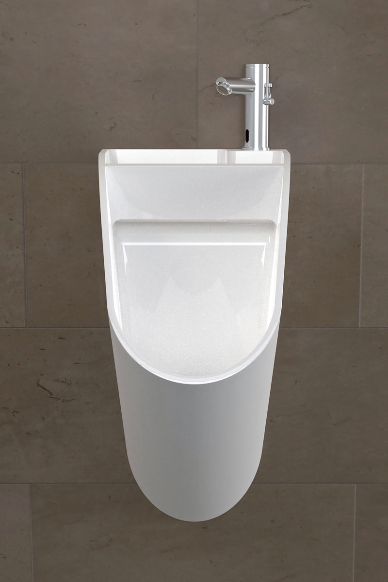 Front view of a white sink urinal by TANDEM in a men's restroom