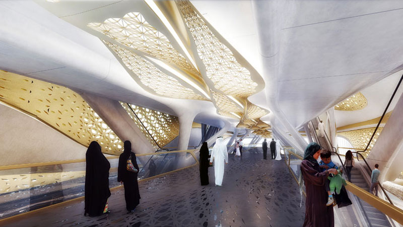 Interior view of the walkway and stairways at the King Abdullah Financial District metro station in Riyadh designed by Zaha Hadid Architects