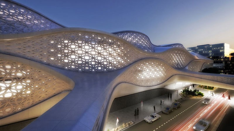 Exterior view of the architecture at the King Abdullah Financial District metro station in Riyadh designed by Zaha Hadid Architects