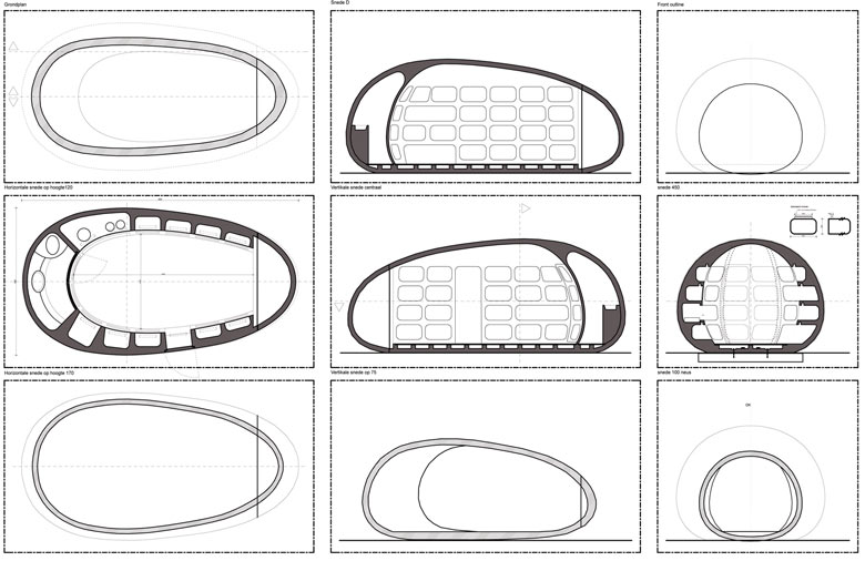 Architectural plans of the blob VB3 Mobile Living Pod by dmvA Architects
