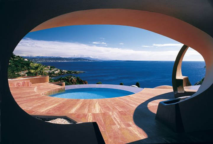 Swimming pool and view of the ocean at the palais bulles, palace of bubbles Pierre Cardin house by antti lovag in Cannes