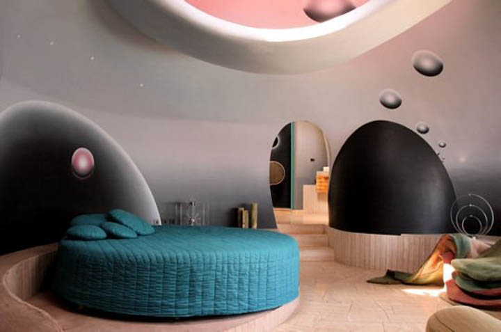 Interior design of a bedroom at the palais bulles, palace of bubbles Pierre Cardin house by antti lovag in Cannes