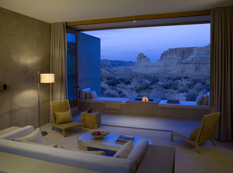 Lounge with a view of the outside at the Amangiri Luxury Hotel Resort in Canyon Point Utah