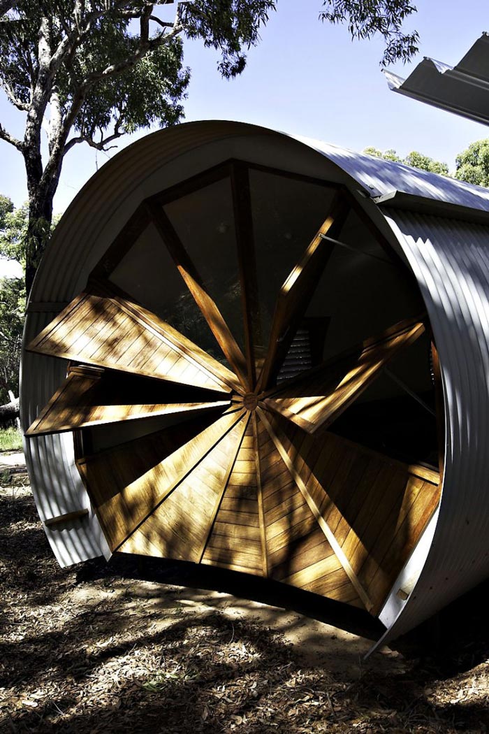 Wooden triangular ventilation at the Drew House by Simon Hills of Anthill Constructions