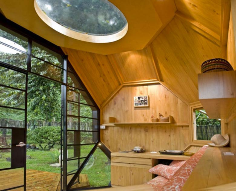 Wooden interior of the Habitable Polyhedron Garden Office by Manuel Villa