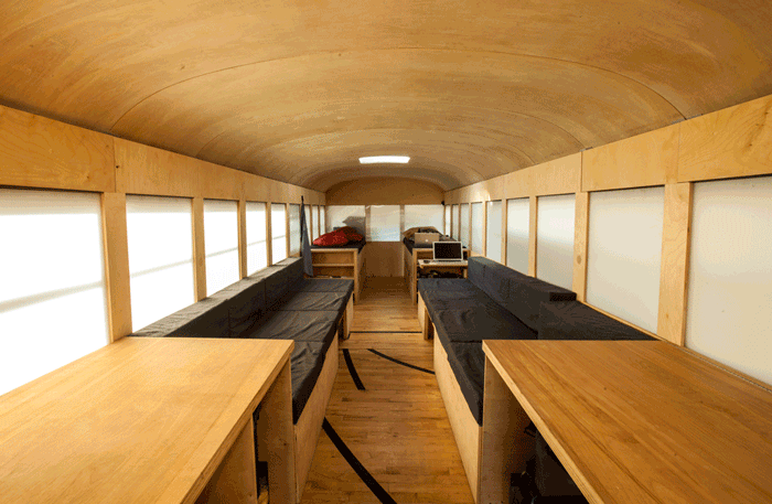GIF of the interior of Hank Bought a Bus - A School bus Converted into a Mobile Home
