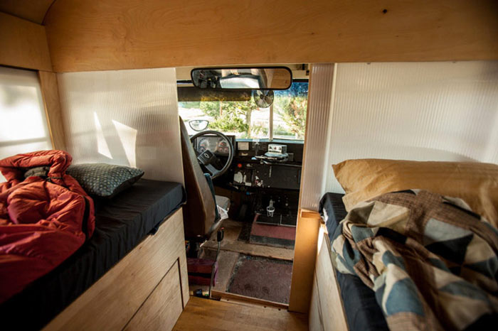 Driver's cabin of Hank Bought a Bus - A School bus Converted into a Mobile Home