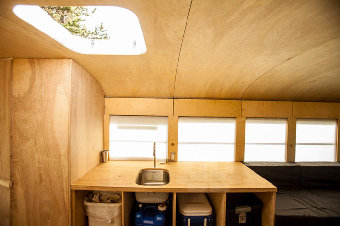 Kitchen sink and windows of Hank's converted school bus