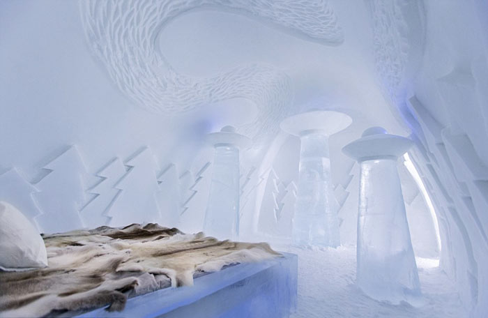 Interior design of a bedroom at the Icehotel An Ice Hotel in Jukkasjarvi Sweden