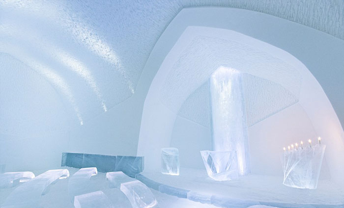 Interior design of a chapel at the Icehotel An Ice Hotel in Jukkasjarvi Sweden
