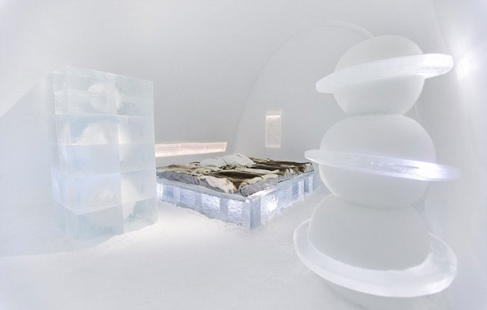 Bedroom design at the Icehotel An Ice Hotel in Jukkasjarvi Sweden