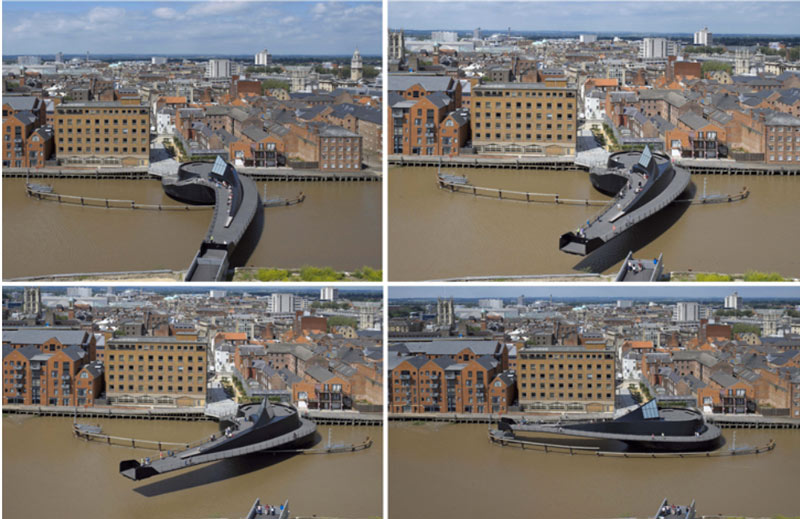 4 images showing the Scale Lane Bridge, Swinging Pedestrian Bridge extending fully