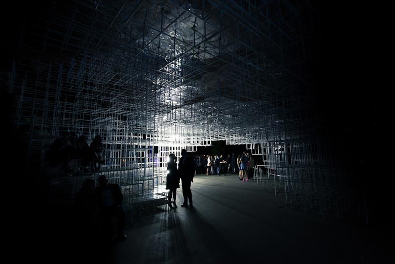 Serpentine Gallery Pavilion at night by Sou Fujimoto and UVA