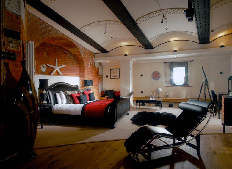 Bedroom at the Spitbank Fort Hotel on the coast of Portsmouth England
