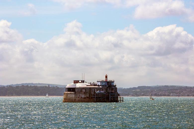 Exterior view of the Spitbank Fort Hotel on the coast of Portsmouth England