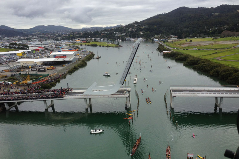 Te Matau Pohe bridge aka 'Fish hook of Pohe' Bridge in Whangarei New Zealand Knight Architects fully extended