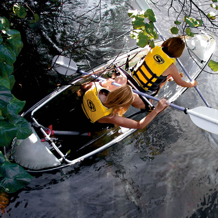 2 people paddling in the Transparent Canoe Kayak by Hammacher