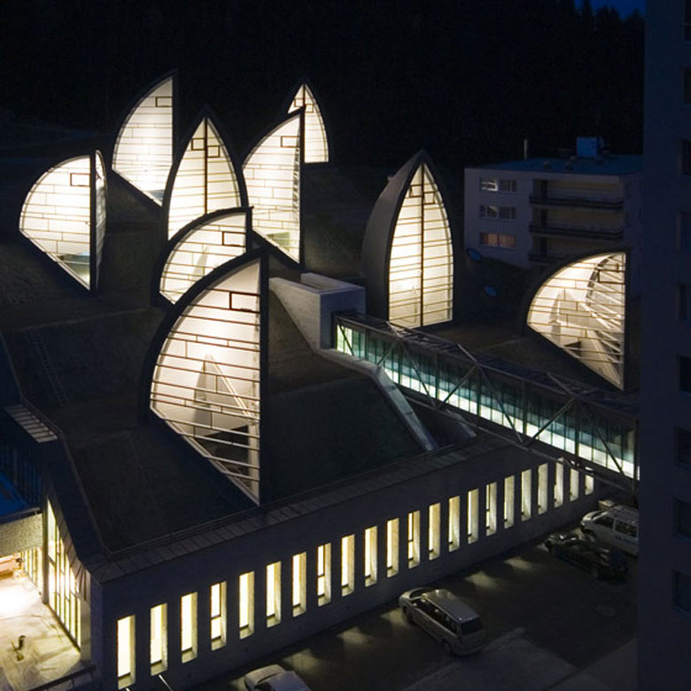 Tschuggen Bergoase Wellness Spa Arosa Switzerland Swiss Alps by Mario Botta Architetto illuminated during the night