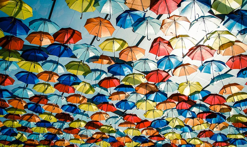 Colourful Umbrella installation in the Streets of Agueda Portugal