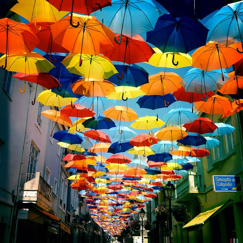 Colourful Umbrella canopy in the Streets of Agueda Portugal
