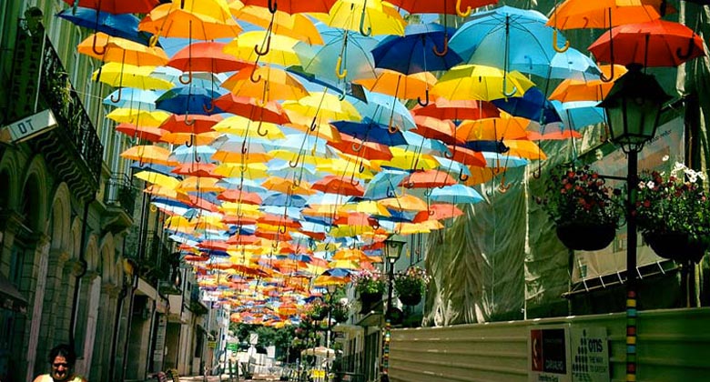 Umbrella installation in the Streets of Agueda Portugal on Jebiga