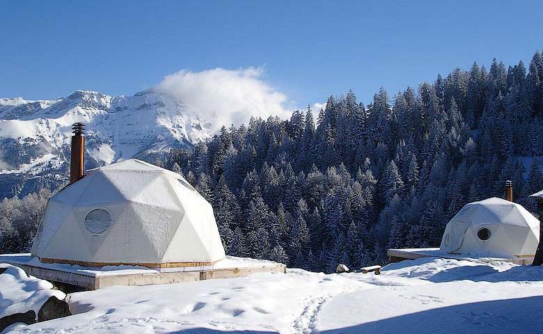 Whitepod Hotel in the Swiss Alps in Switzerland during winter