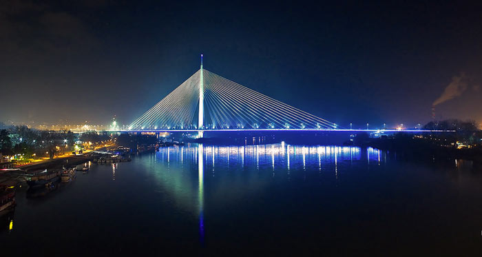 Ada Bridge in Belgrade, Serbia at night