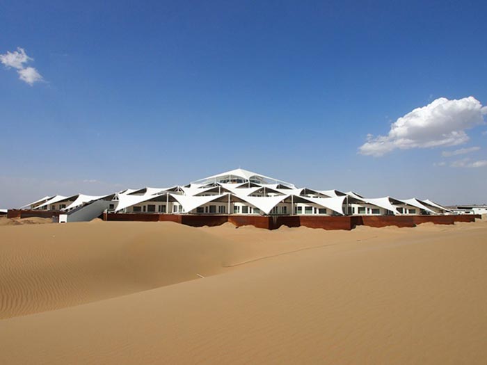 Exterior view of the Desert Lotus Resort in Mongolia in the Gobi Desert