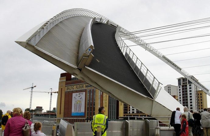 Gateshead Millennium Bridge Tilting Bridge in England being lifted and tilted