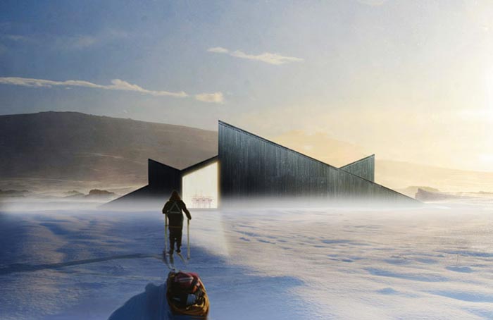 Skiers approaching the Mountain Hill Ski Cabin by Fantastic Norway Architects