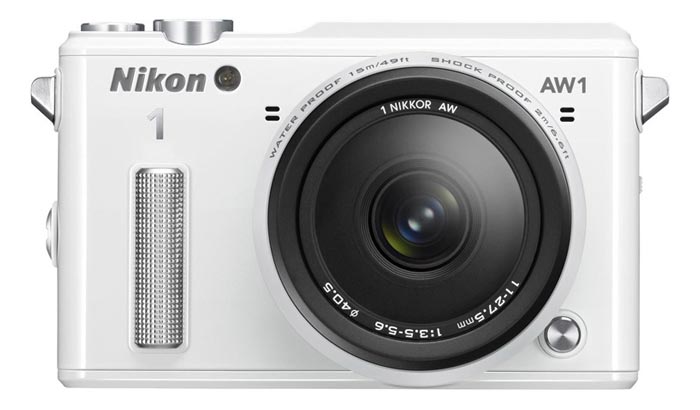 Lens of the white Nikon 1 AW1 Waterproof Shockproof Digital Camera