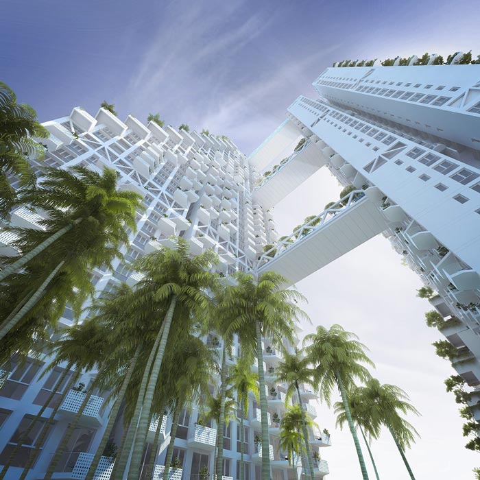 Exterior view from the bottom of the Sky Habitat Condominiums in Singapore Safdie Architects
