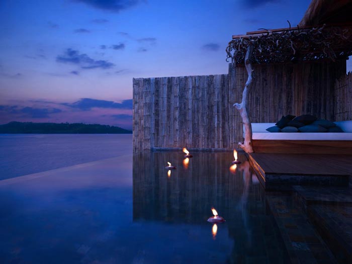 Infinity pool at the Aerial view of the Song Saa Private Island Resort in Cambodia
