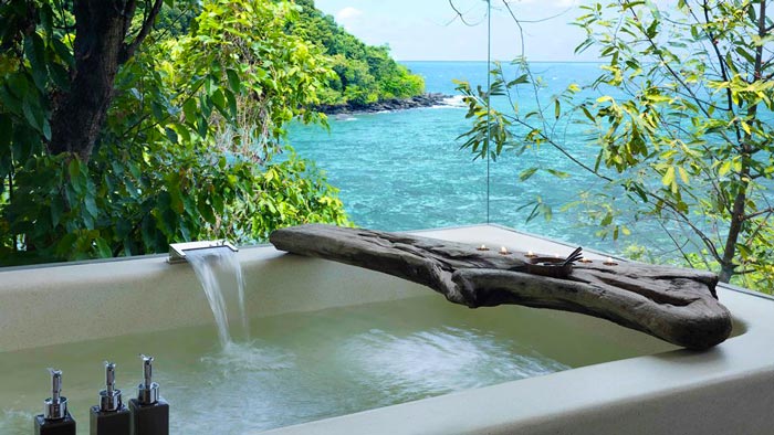 Outdoor jacuzzi at the Aerial view of the Song Saa Private Island Resort in Cambodia