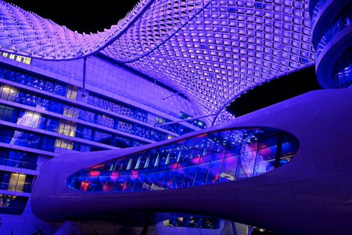 Purple LED lights of the YAS Viceroy Hotel in Abu Dhabi