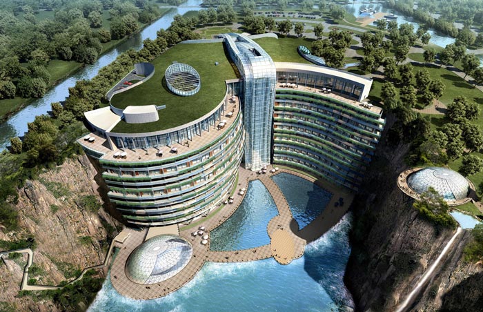 Aerial view of the Waterworld Hotel in Songjiang Quarry in China