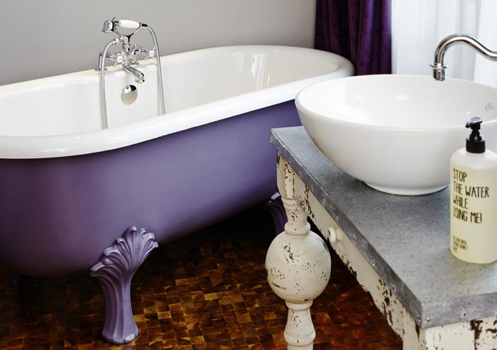 Purple bathtub in a room at 25hours Hotel Wien at MuseumsQuartier in Vienna