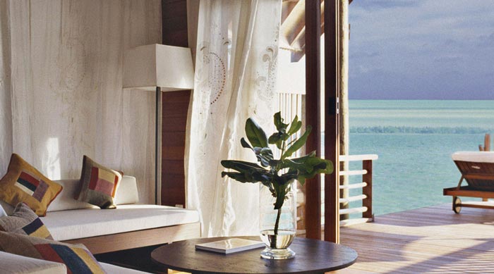 View of the sea from the bungalow at Cocoa Island Resort in The Maldives