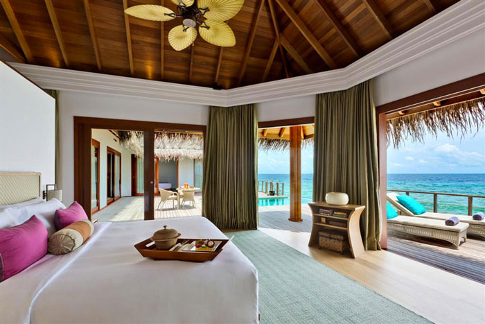 Bedroom decor at Dusit Thani Maldives Resort in Baa Atoll