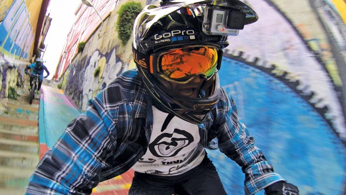 Bicyclist with GoPro Hero3+ HD Action Camera on his head